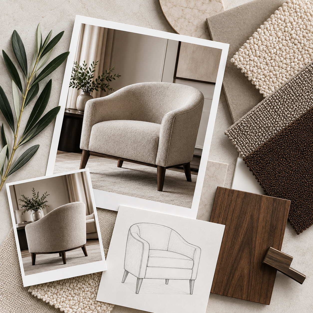 Consultation moodboard with sketches, fabrics and finishes