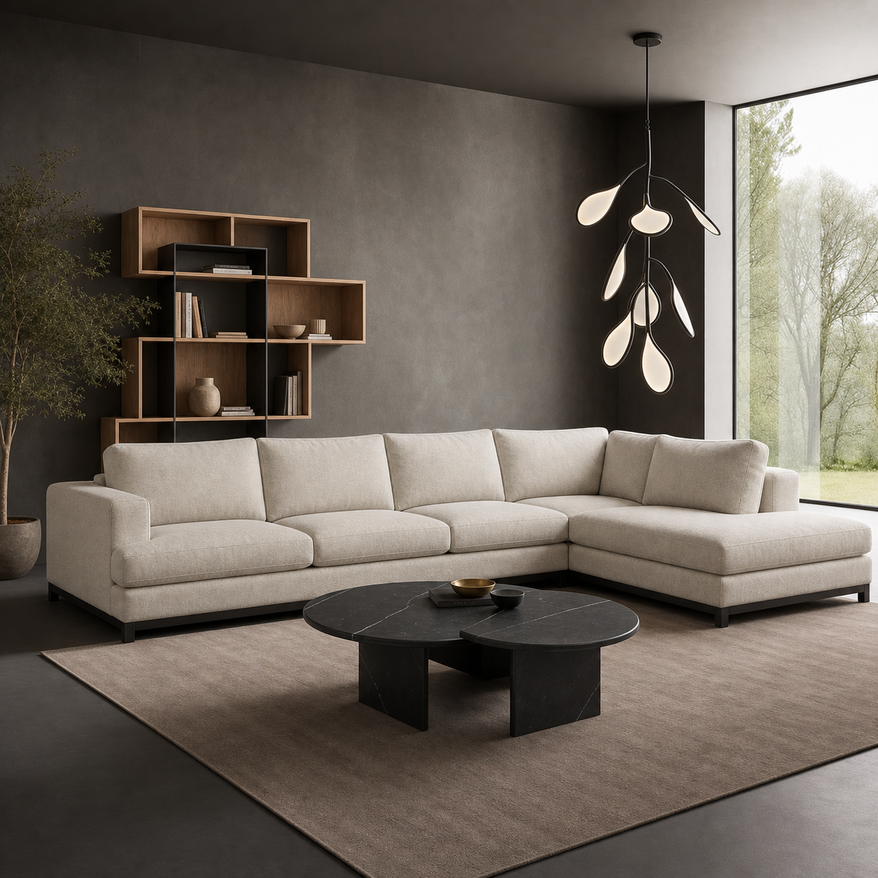 Custom sectional and lighting in a considered living room