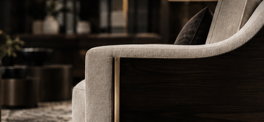 Custom furniture detail in wood, metal and upholstery