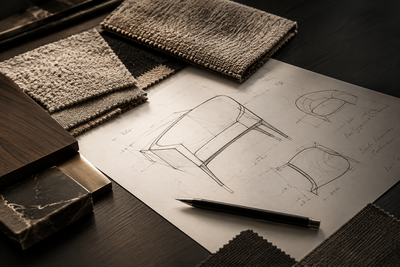 Furniture drawing, fabrics and finishes for a custom project